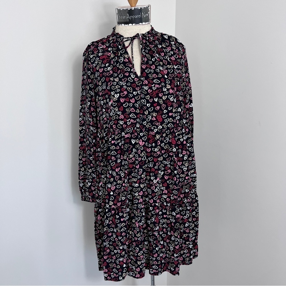 LOFT Black Multi-Color Hearts Print Long Sleeve Shirt Dress size XS